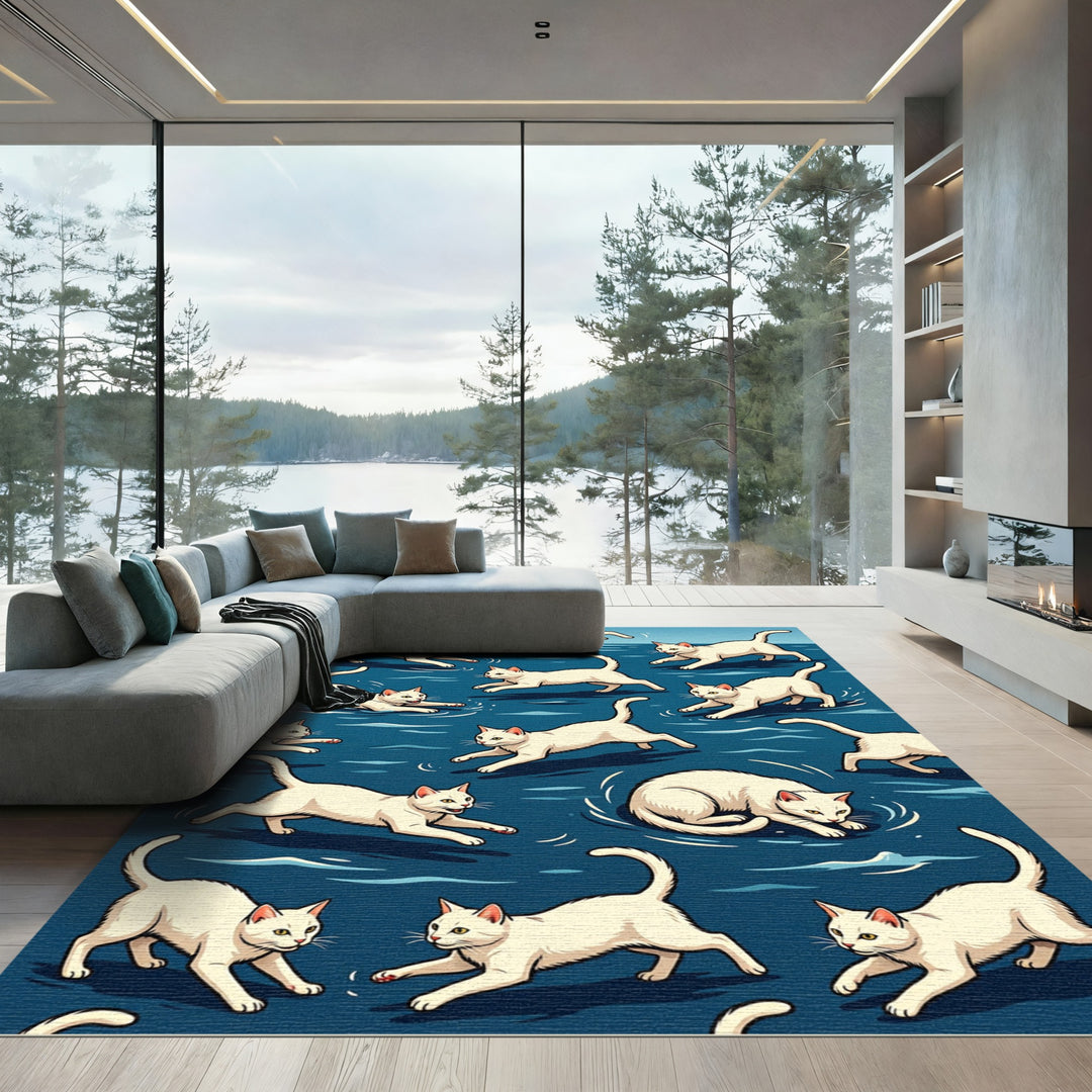 Playful White Cats Aquatic Pattern Rug