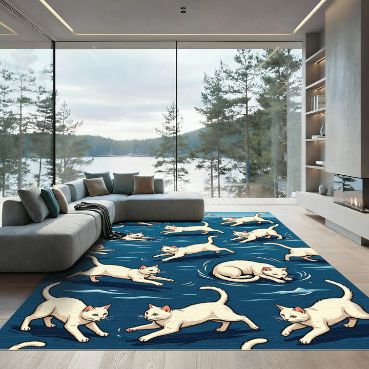 Playful White Cats Aquatic Pattern Rug