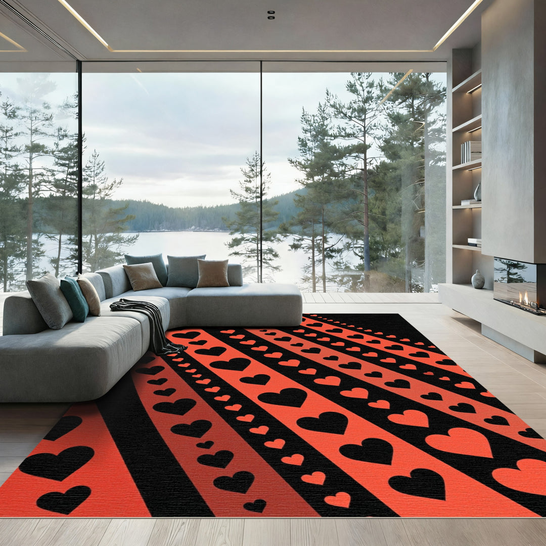 Black Red Heart Stripe Rug