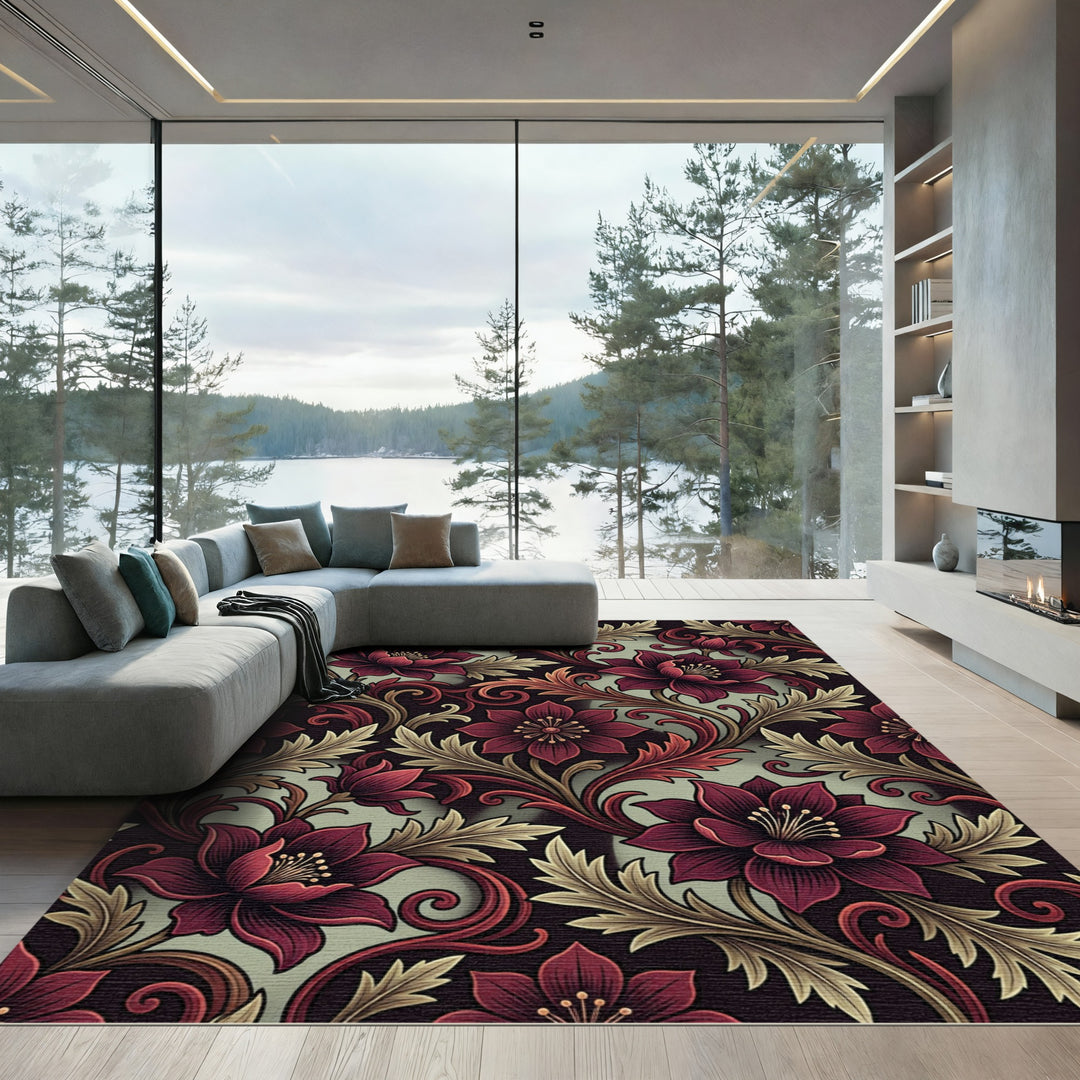 Ornate Burgundy Floral Baroque Rug