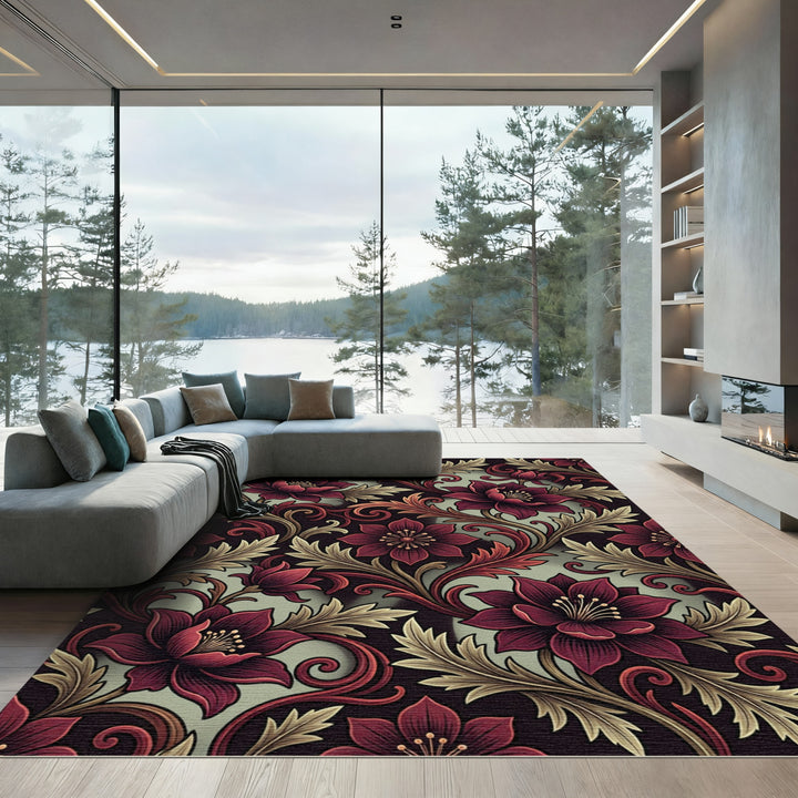 Ornate Burgundy Floral Baroque Rug