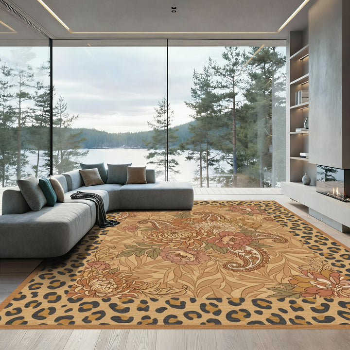 Earthy Floral Paisley Leopard Border Rug