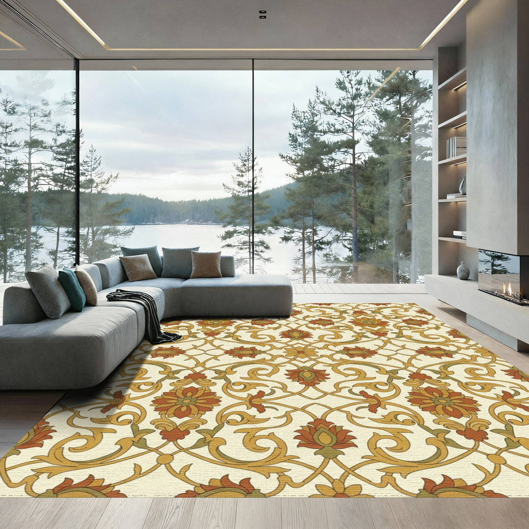 Terracotta Ochre Floral Lattice Rug