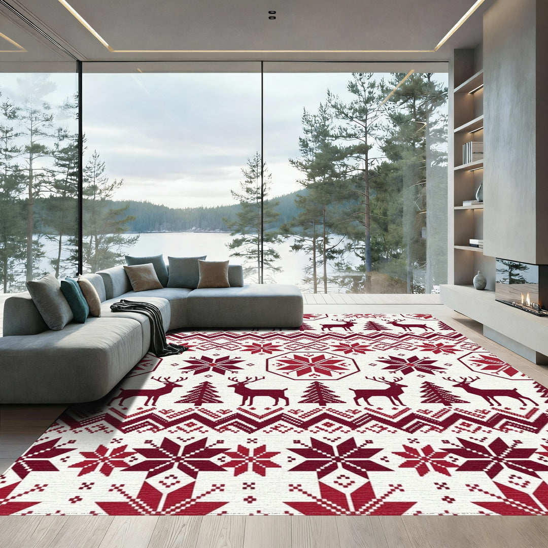 Crimson Reindeer and Snowflakes Tapestry Rug