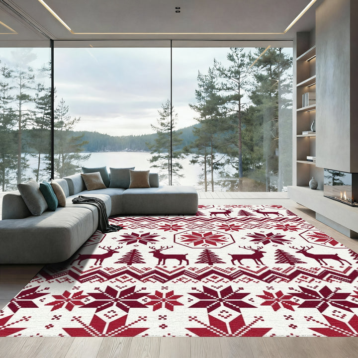 Crimson Reindeer and Snowflakes Tapestry Rug