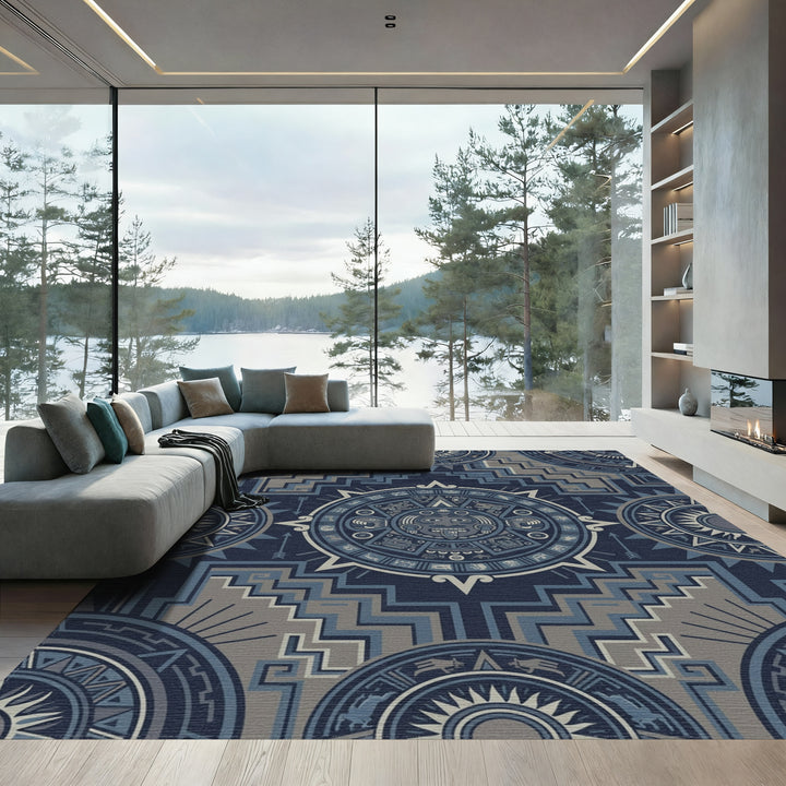 Aztec Sun Stone Blue Geometric Rug