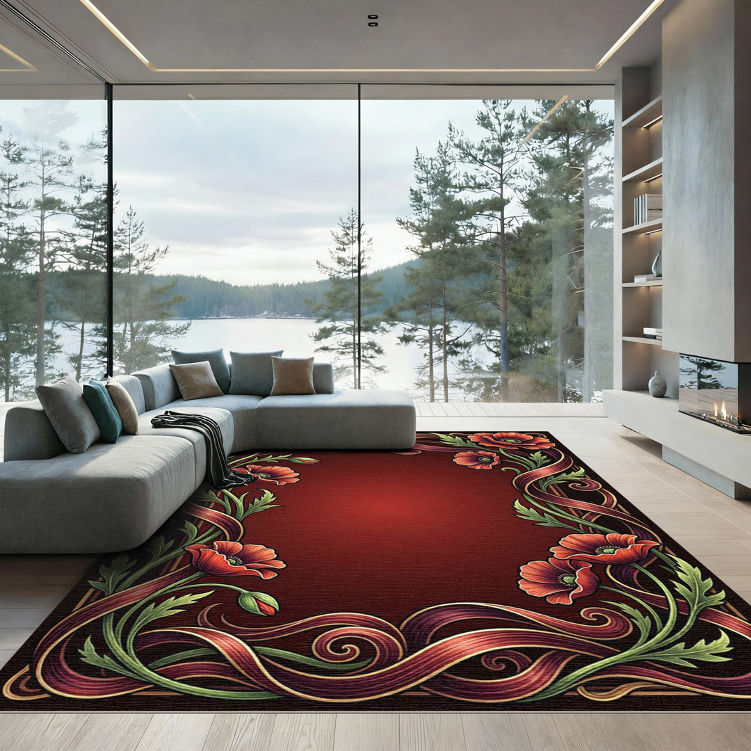 Crimson Red Poppy Floral Swirl Frame Rug