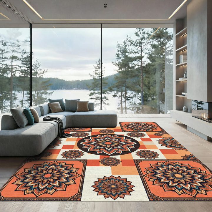 Orange Golden Mandala Checkerboard Rug