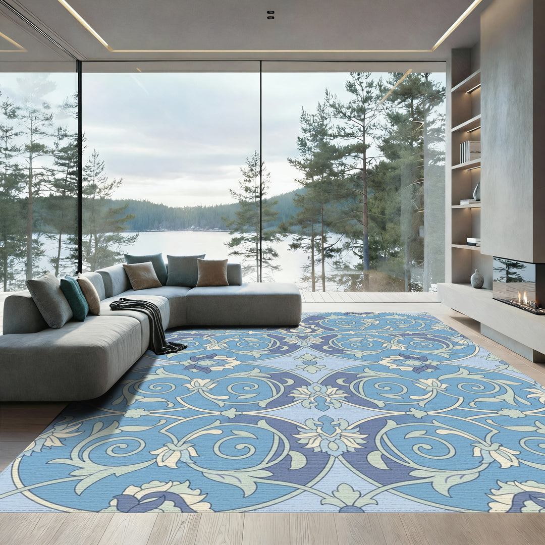 Serene Blue Floral Scroll Medallion Rug