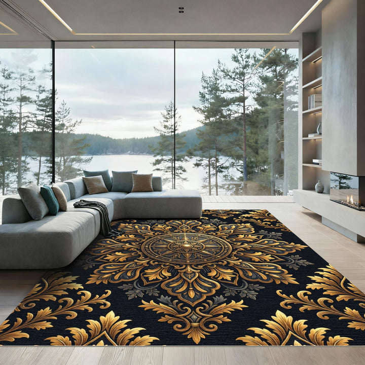 Ornate Gold Black Floral Filigree Rug