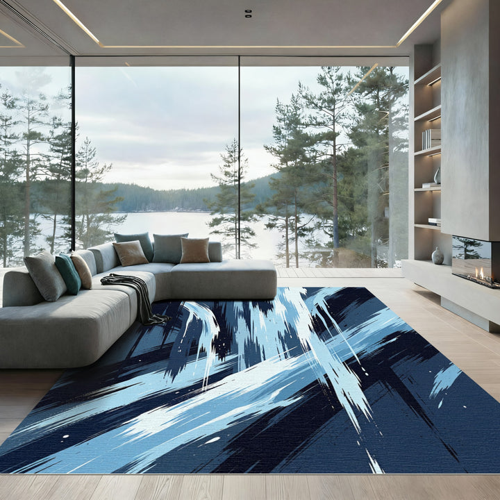 Deep Blue Abstract Brush Stroke Rug