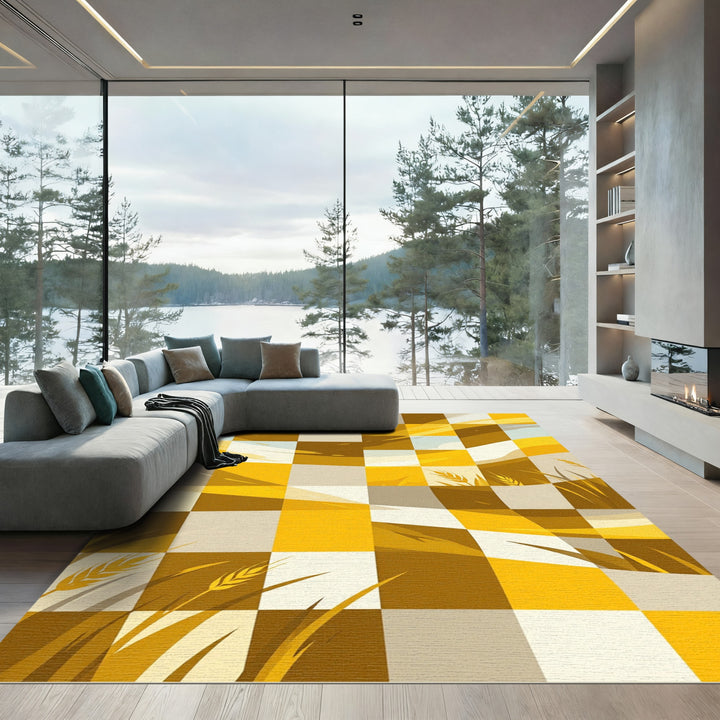 Golden Wheat Field Checkered Landscape Rug