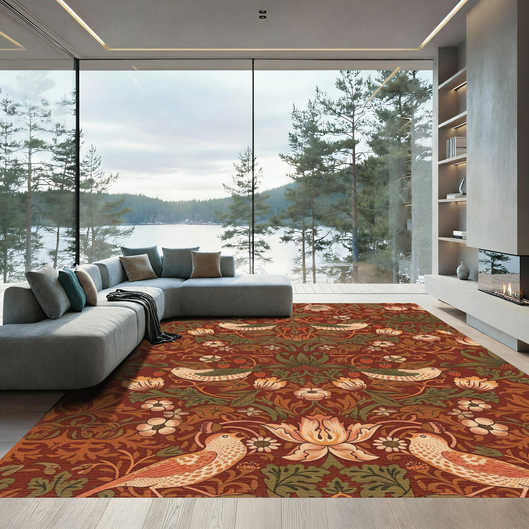 Red Bird and Strawberry Floral Tapestry Rug
