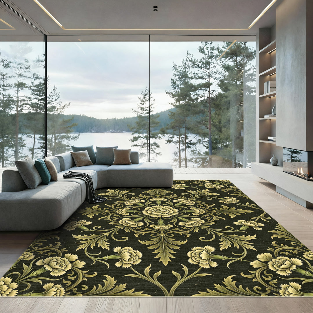 Golden Floral Scrollwork Damask Rug