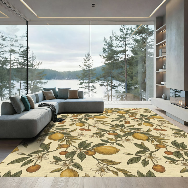 Golden Citrus Cherry Blossom Sprigs Rug