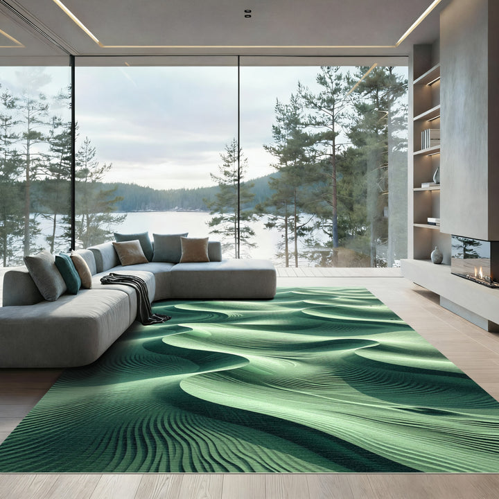Earthy Green Swirling Dune Abstract Rug