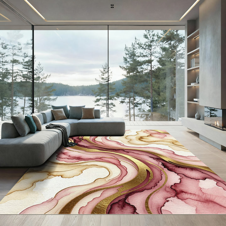 Crimson and Gold Marbled Flow Rug