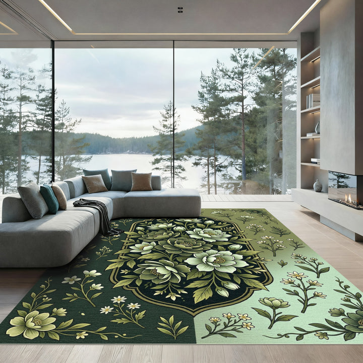 Elegant Green Peony Floral Rug