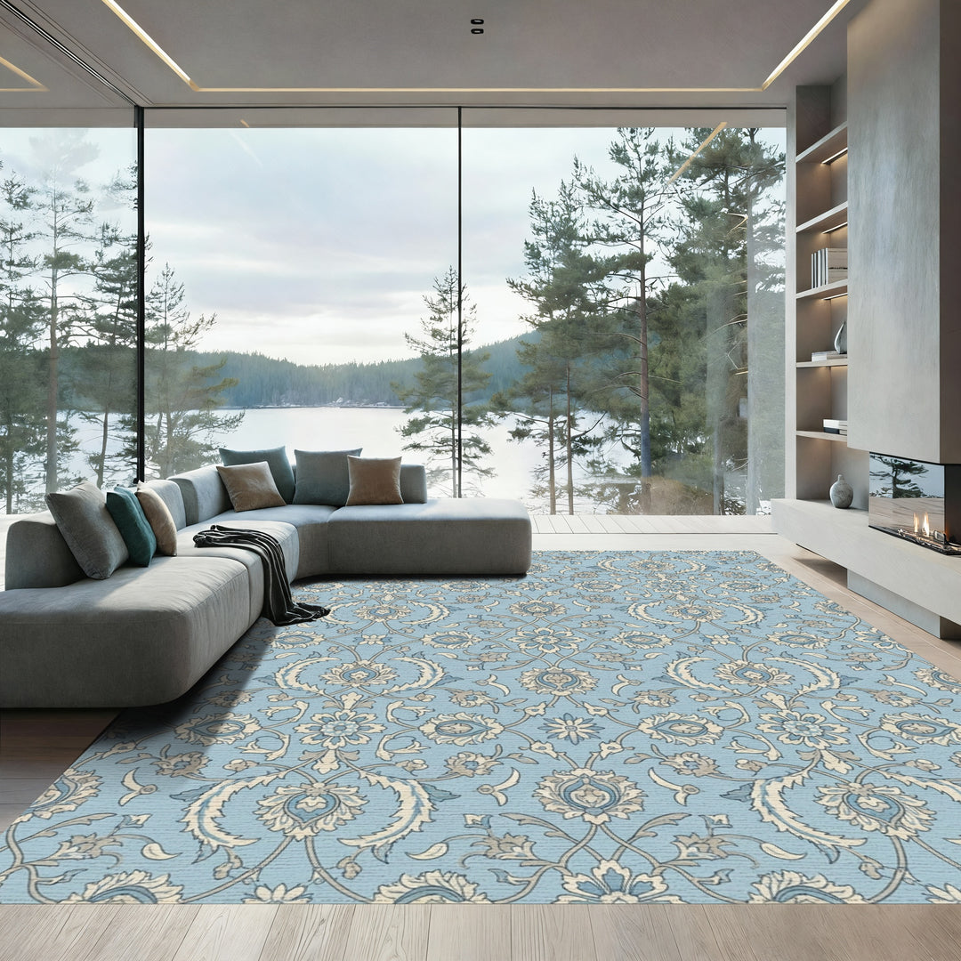 Light Blue Floral Arabesque Medallion Rug