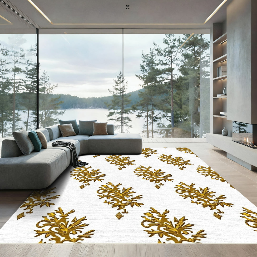 Ornate Gold Floral Diamond Arrangement Rug