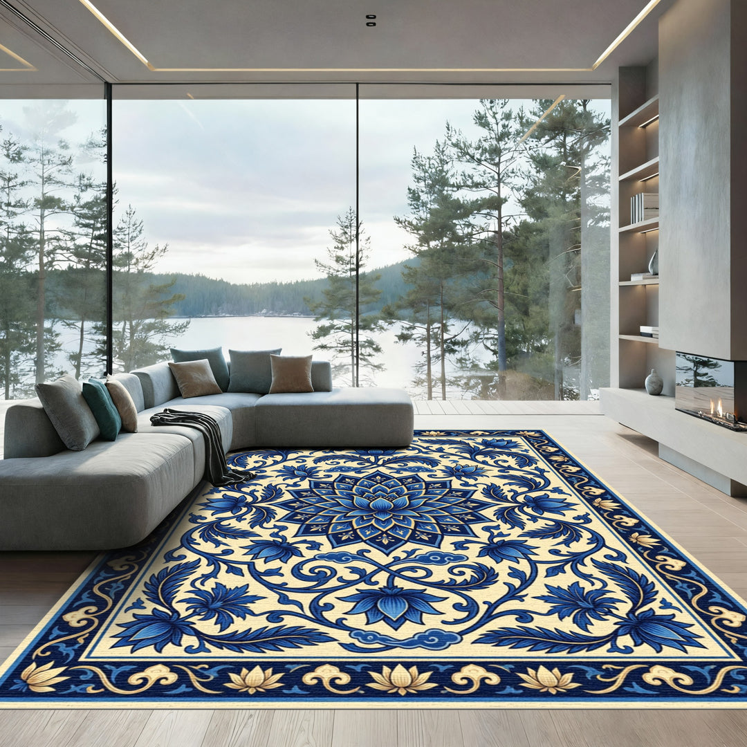 Azure Blue Floral Medallion Border Rug