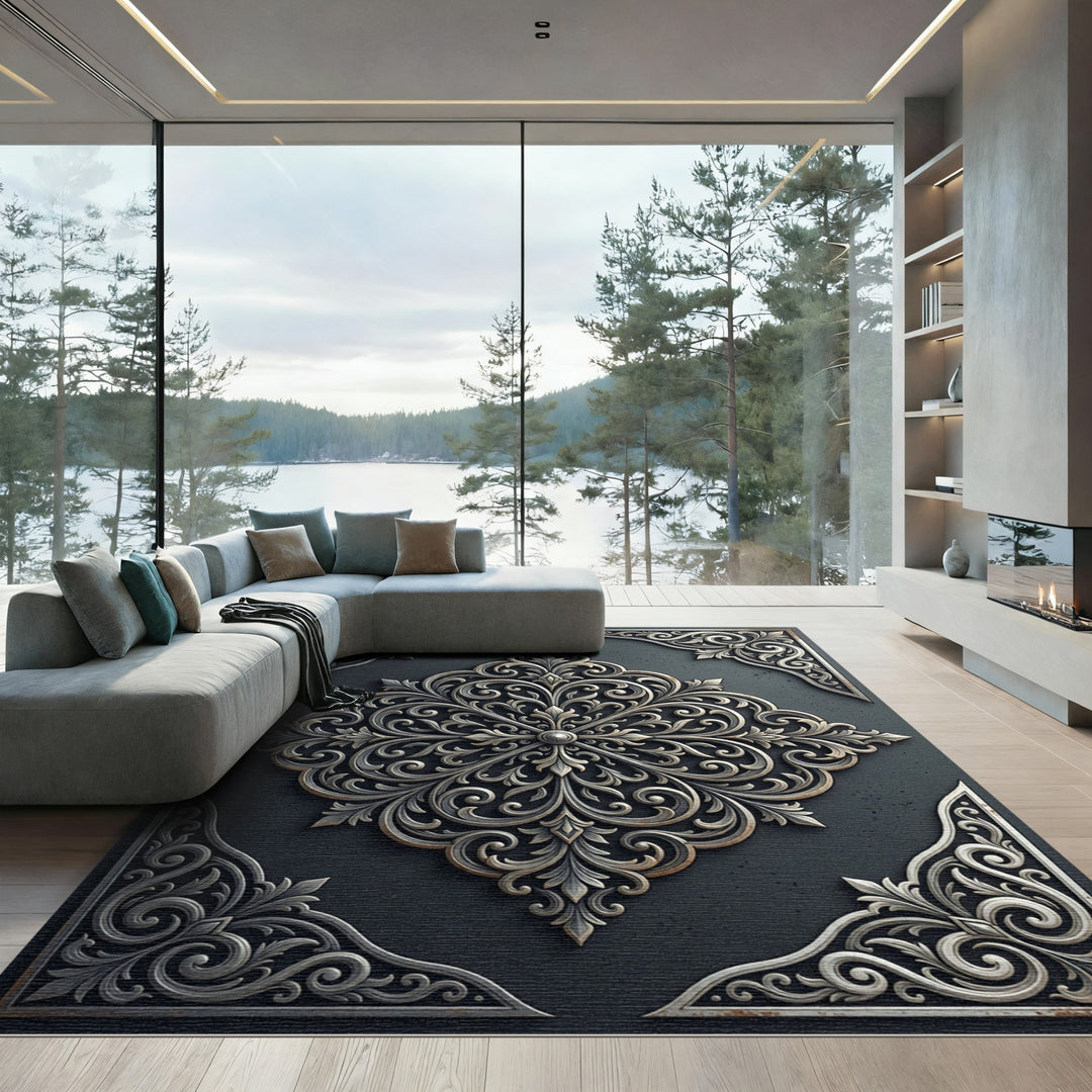 Silver Metal Scrollwork Square Rug