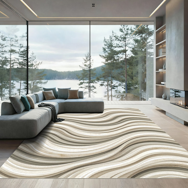 Beige Wavy Marble Ribbed Rug