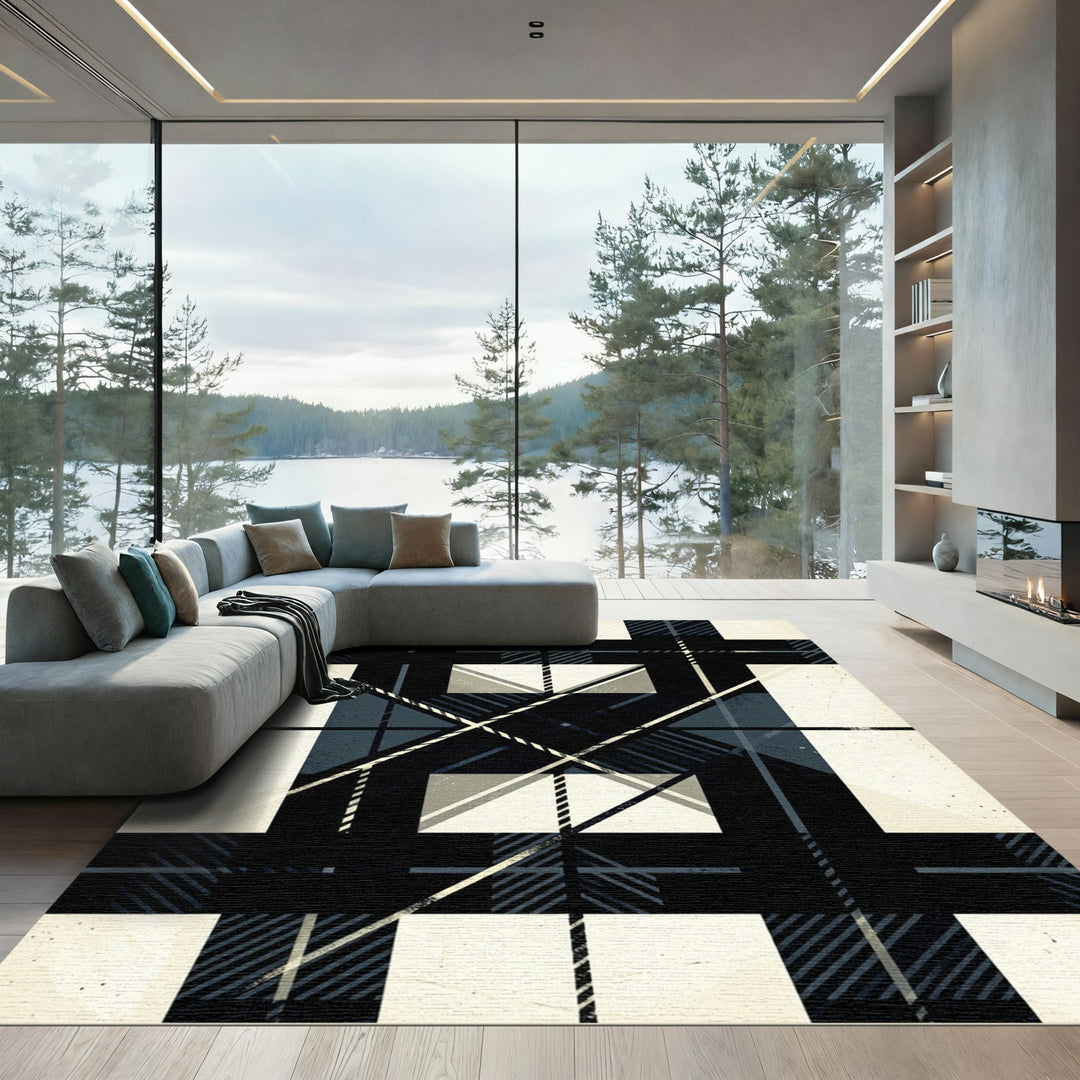 Bold Black White Plaid Geometric Rug