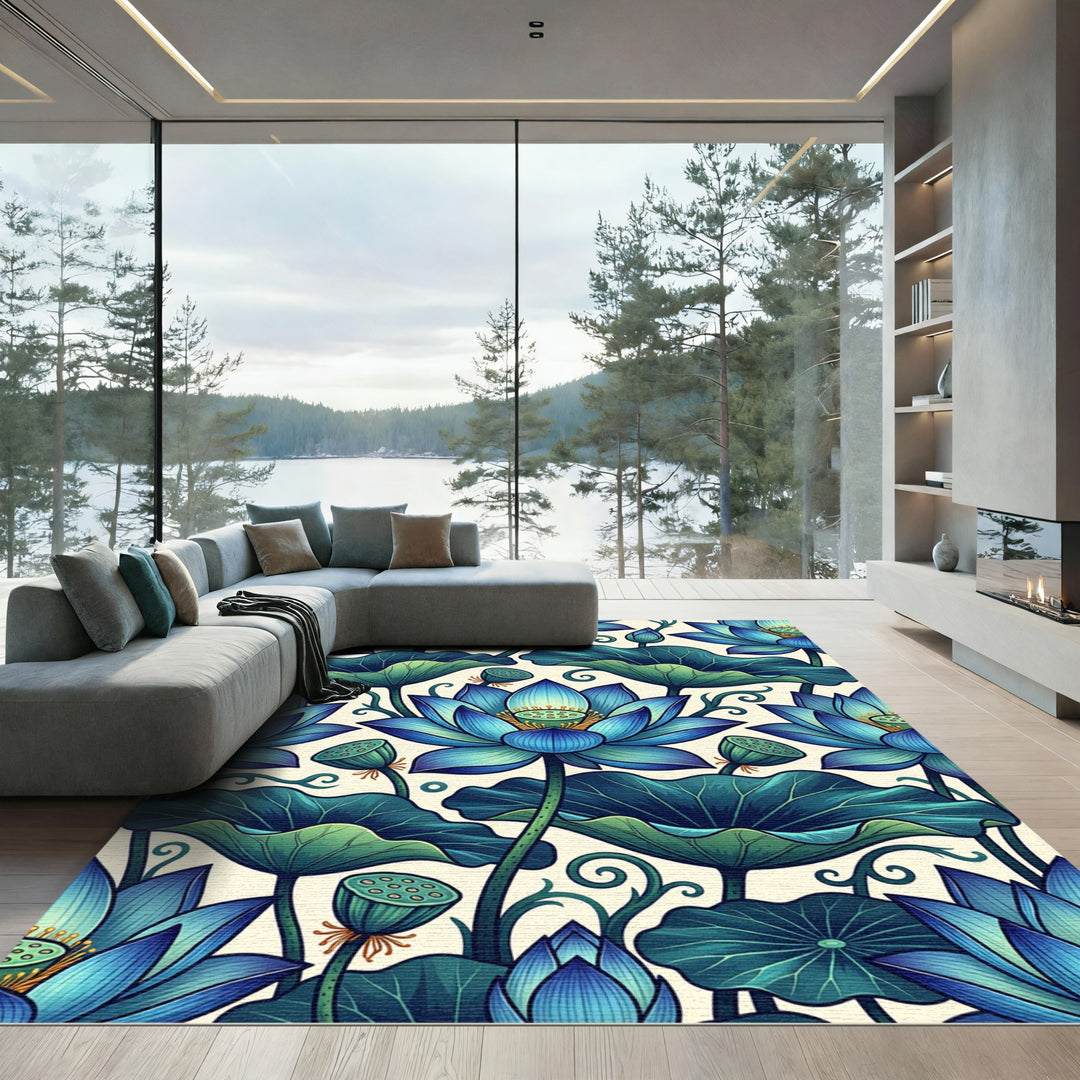 Artistic Blue Lotus Floral Rug