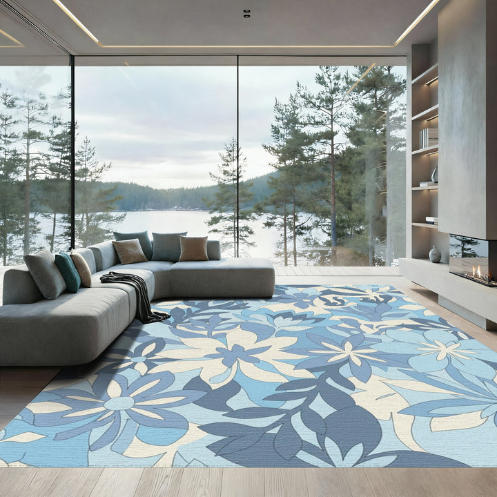 Retro Blue Floral Garden Rug