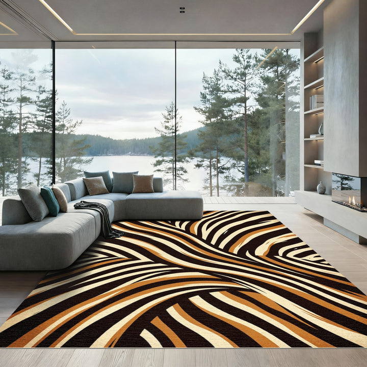 Abstract Black Tan Zebra Stripe Rug
