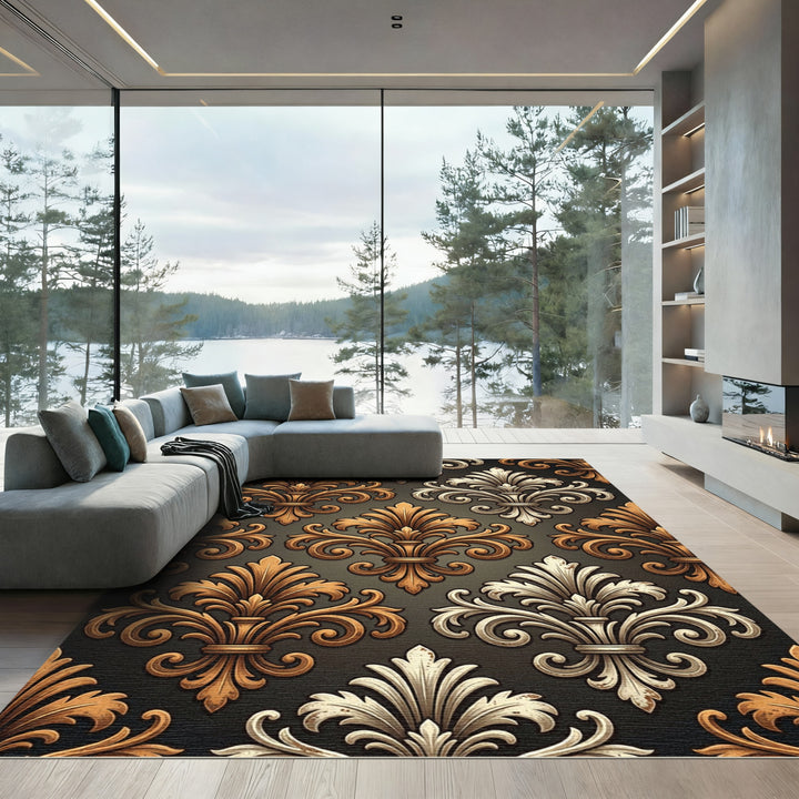 Ornate Gold and Silver Fleur-de-lis Rug