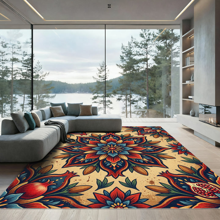 Mandala Pomegranate Floral Scarlet Blue Rug