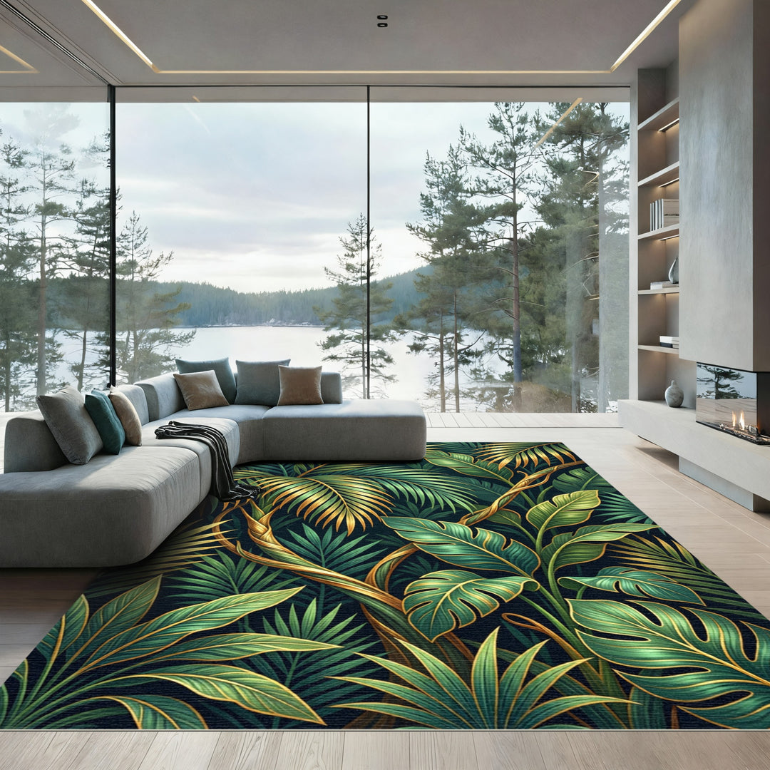 Golden Green Tropical Jungle Leaves Rug