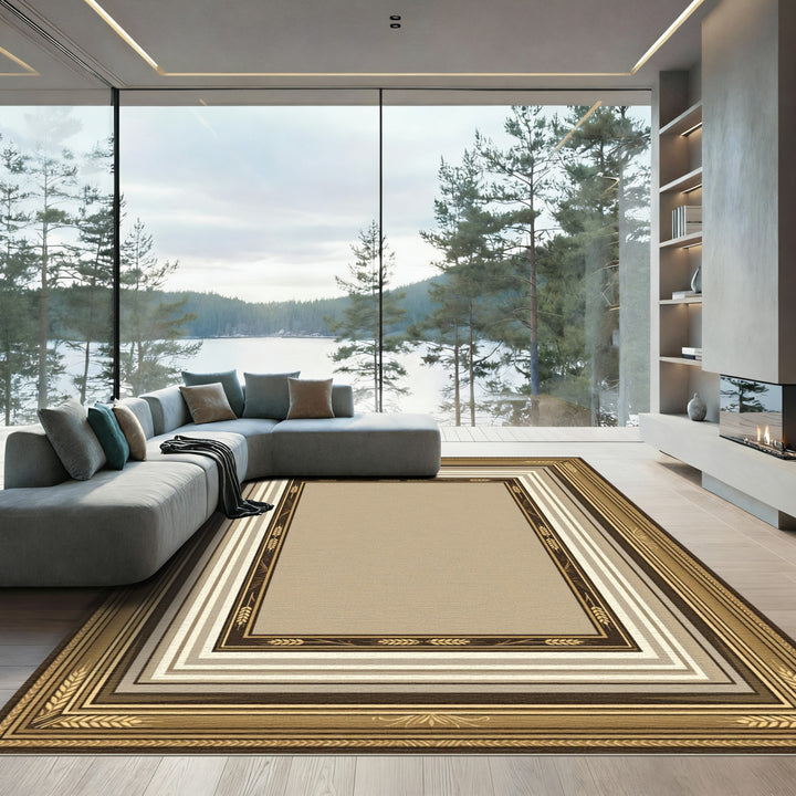 Ornate Gold Wheat Border Frame Rug