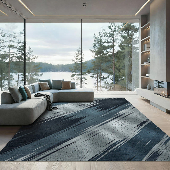Abstract Brushed Silver Blue Streaks Rug