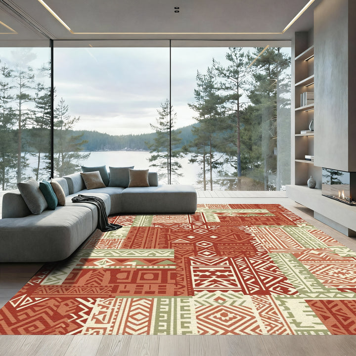 Terracotta Sage Geometric Patchwork Rug