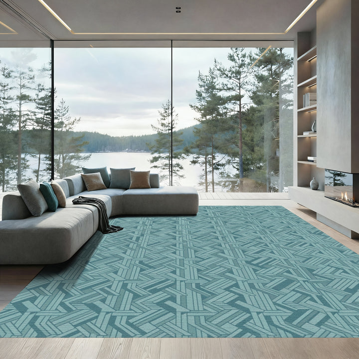 Teal Geometric Interlocking Lines Rug