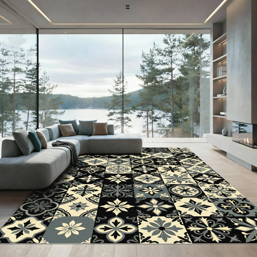 Monochromatic Floral Tile Mosaic Rug