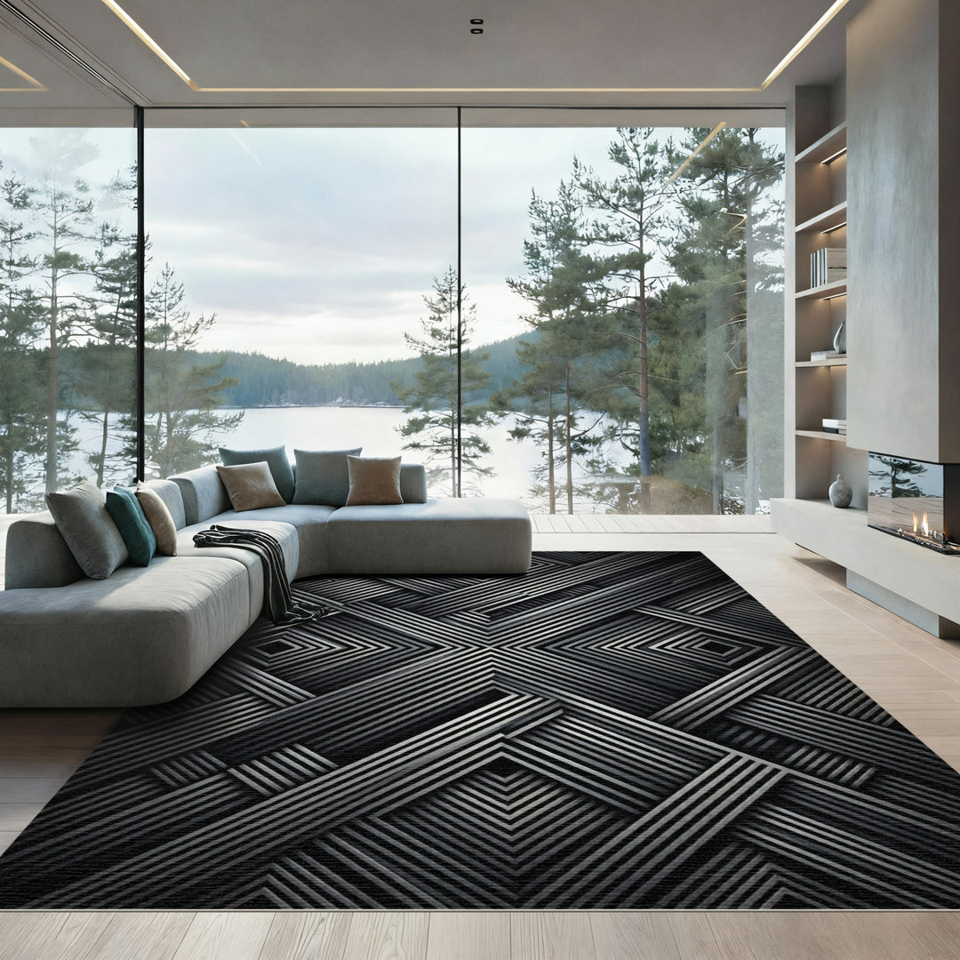 Dark Silver Geometric Interlocking Lines Rug