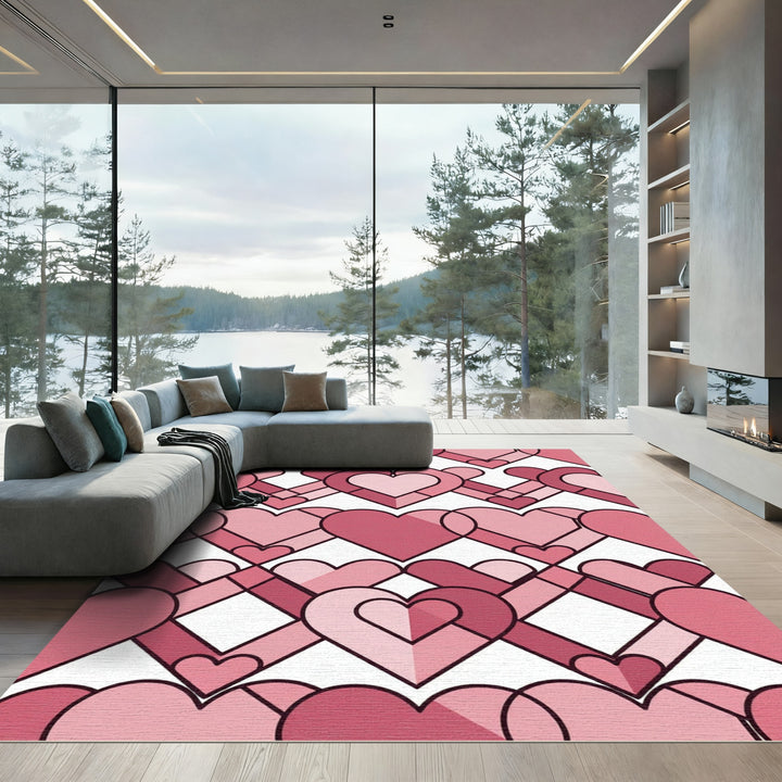 Geometric Pink Hearts Layered Rug