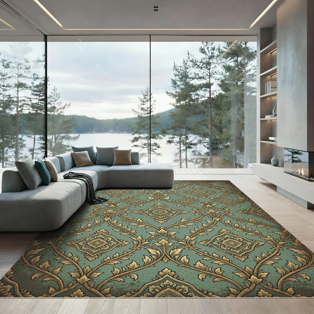 Victorian Teal Gold Damask Rug
