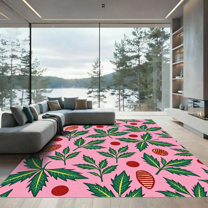 Pink Green Foliage Red Dot Oval Rug
