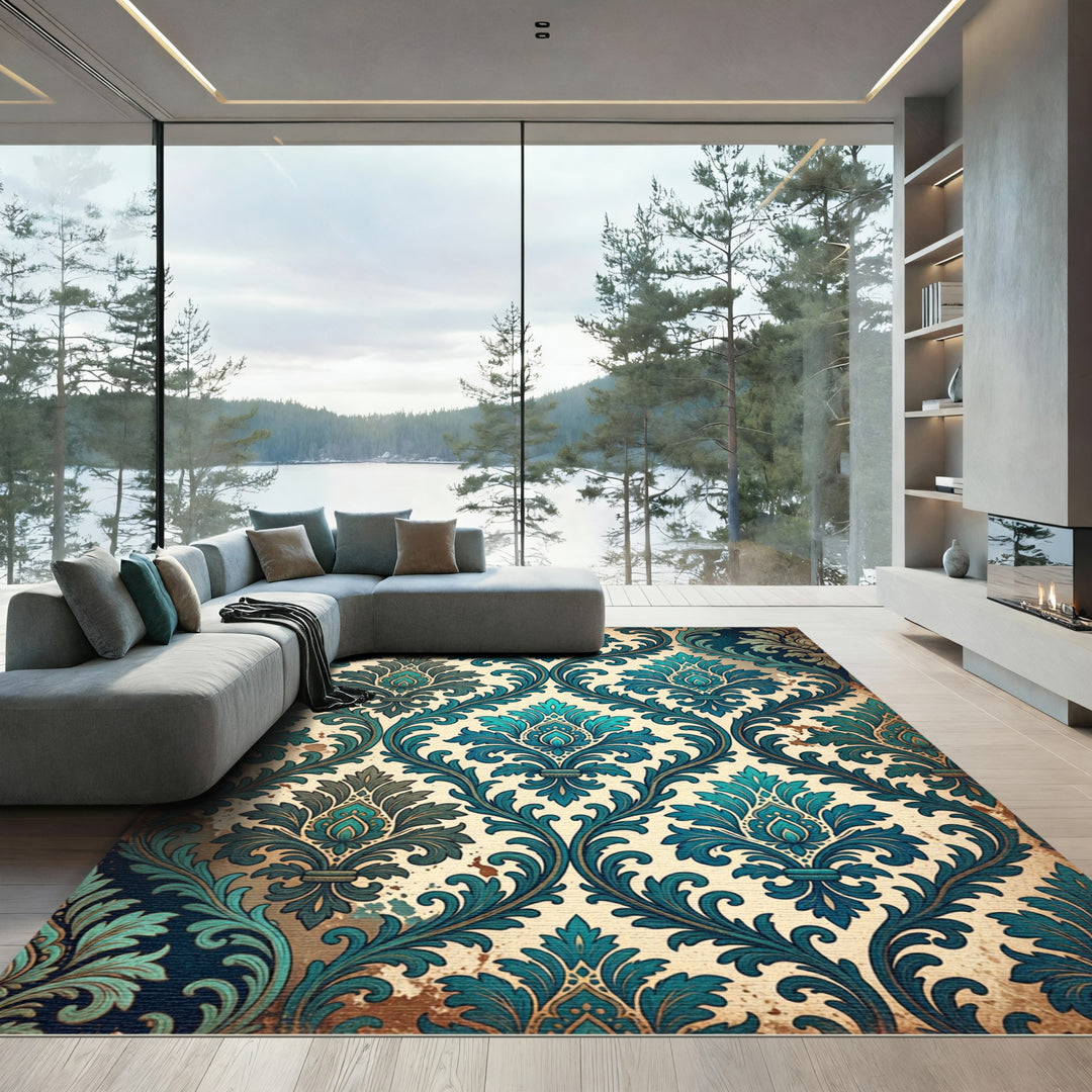 Ornate Teal Damask Scrollwork Rug