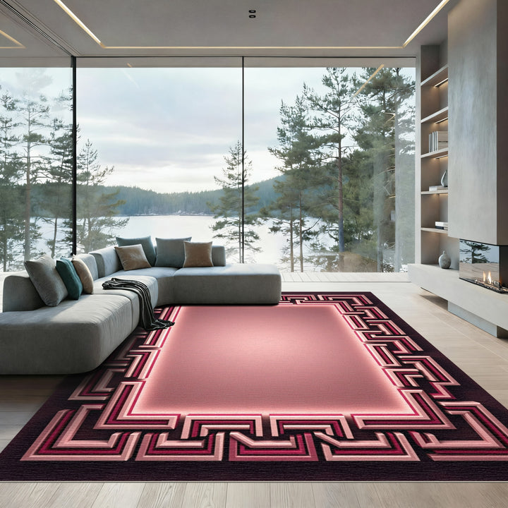 Pink Geometric Maze Border Rug