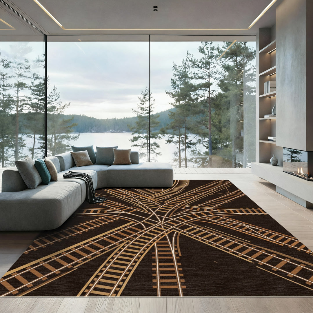 Golden Brown Train Tracks Intersection Rug