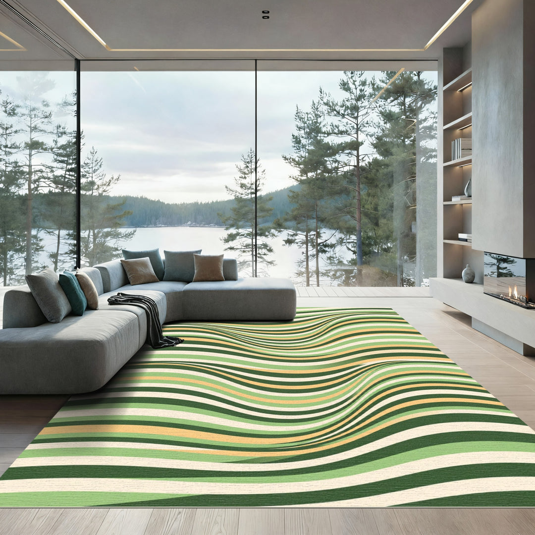 Green Cream Wavy Stripe Illusion Rug