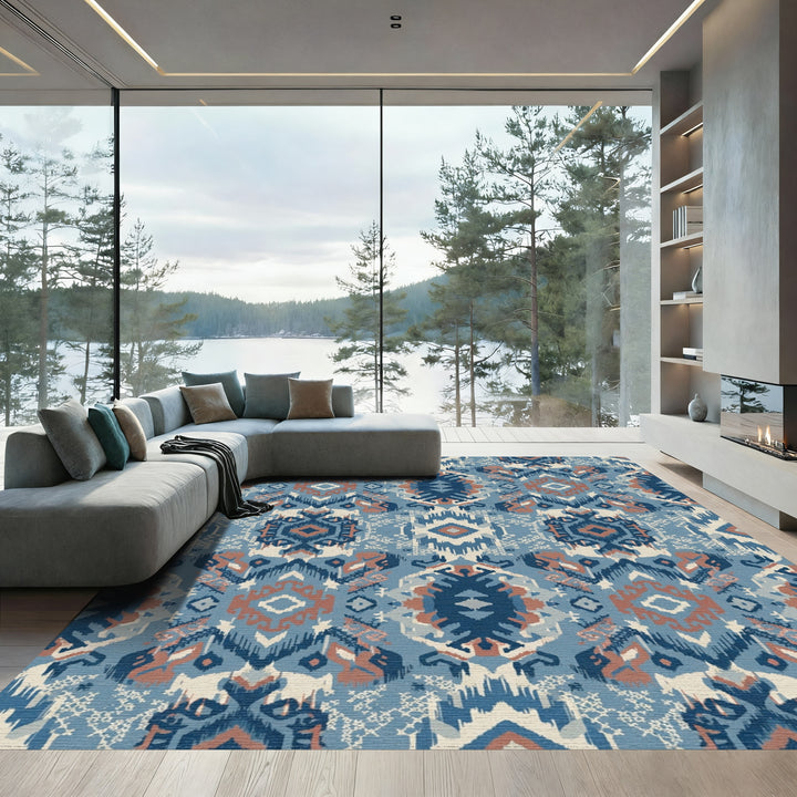 Blue Rusty Geometric Tribal Rug