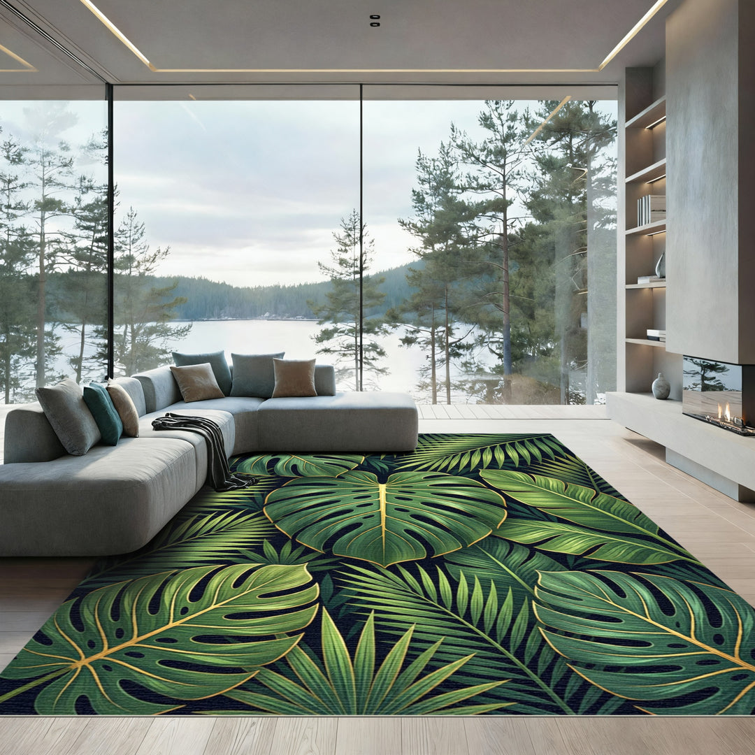 Exotic Green Monstera Palm Leaves Rug