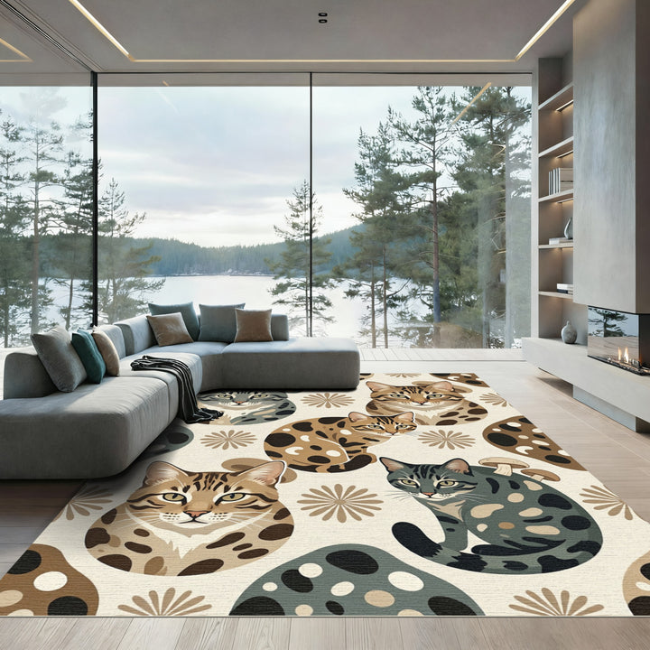 Retro Whimsical Cat Mushroom Rug